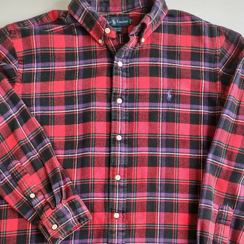 Ralph Lauren Mens Plaid Flannel Shirt Size XL Polo Pony Custom Fit Long Sleeve